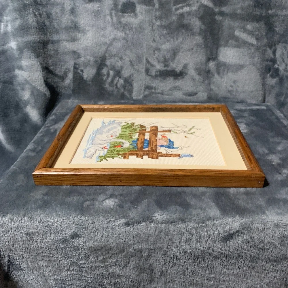 Needlepoint Art Framed Girl Swans Blue Brown Cottagecore Vintage
